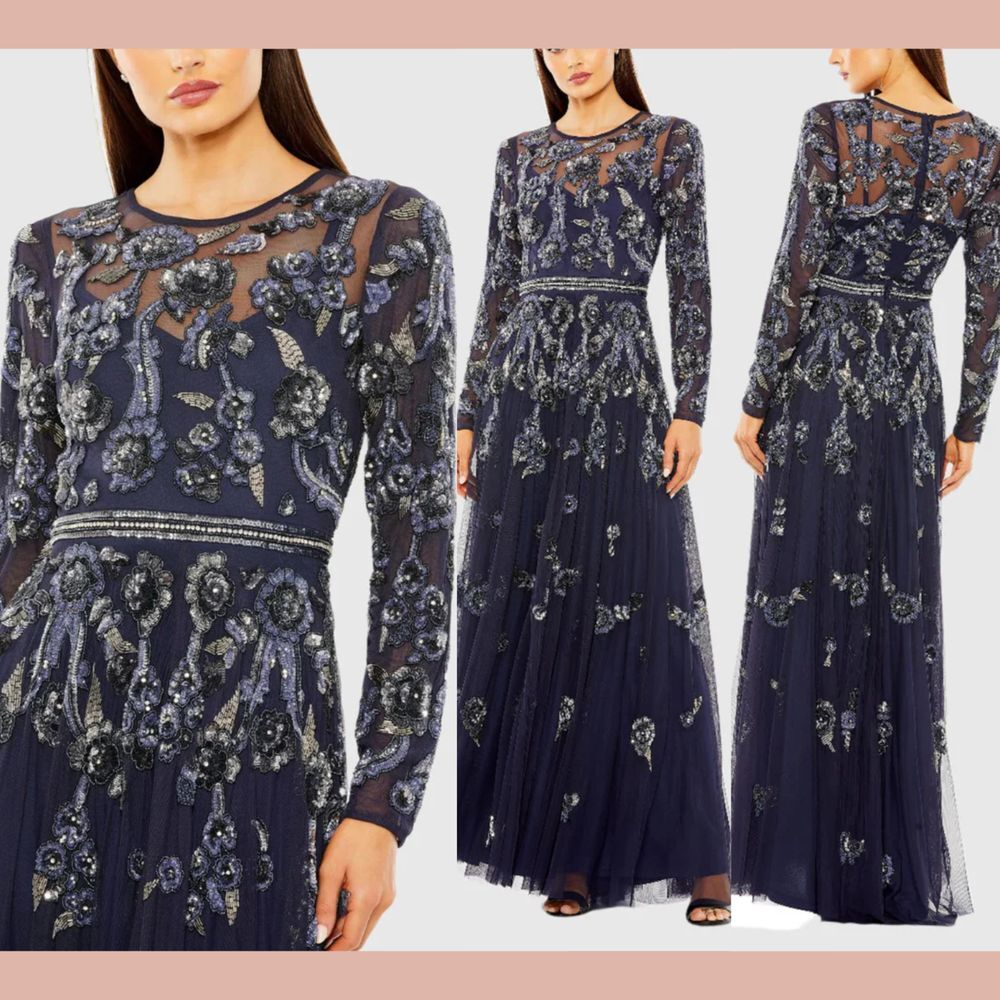 NWT‎ MAC DUGGAL [ 12 ] 10013 Sleeve High Neck Floral Beaded ALine Mesh Gown Blue
